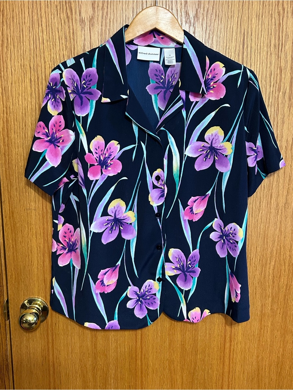 Alfred Dunner Womens blouse Navy Floral Button-Up Shirt Top Short Sleeve size 14